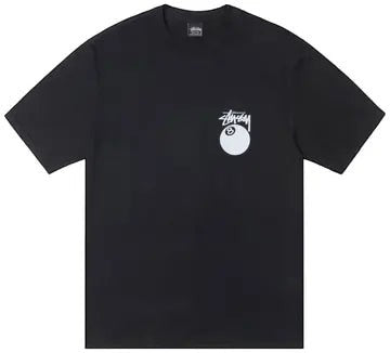 Verified Vault Stüssy 8 Ball Pigment Dyed Tee in black cotton with a small 8-ball logo on the chest.