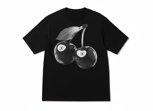 Verified Vault black 100% cotton t-shirt with a large graphic of two cherries designed as 8-balls on the back and a small Stüssy logo on the front.