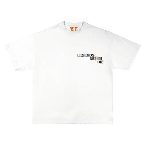 Verified Vault Juice WRLD x Vlone Butterfly Tee in white cotton with "Legends Never Die" graphic and Vlone logo.
