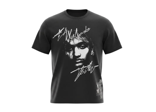 Verified Vault black 100% cotton Vlone x Pop Smoke Faith Tee with portrait graphic on front and flame logo on back.